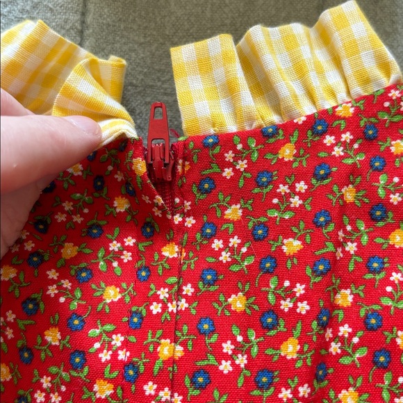 Lola Juniors 3 Vintage Ruffle Gingham Floral Red and Yellow Sleeveless Dress 70s - Picture 8 of 8